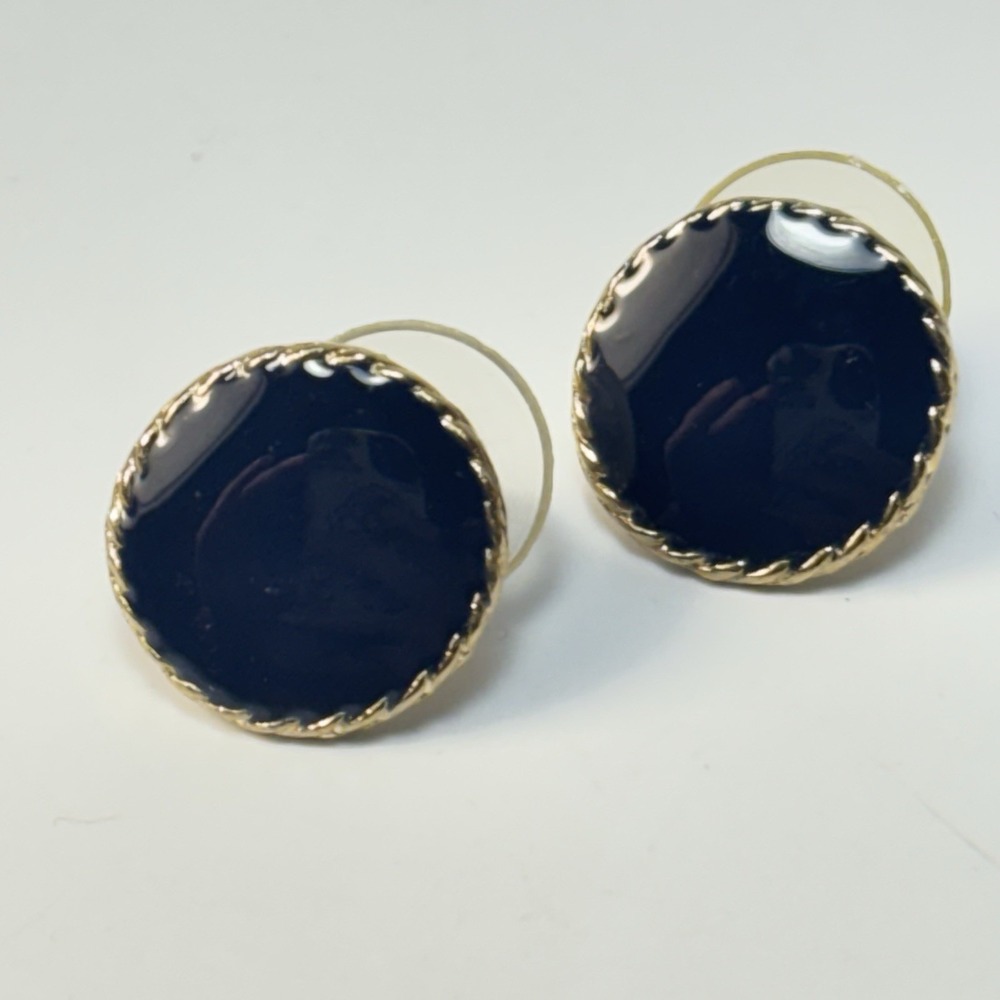 Earrings Vintage 1980s Navy Blue Enamel and Gold Tone Posts Retro